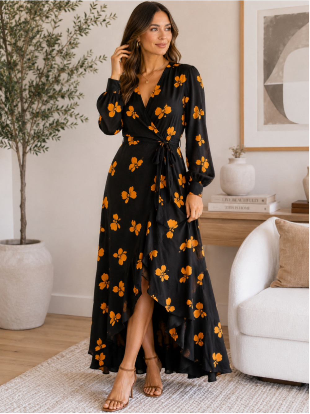 GANNI Fairfax Georgette Wrap Dress Size 42 Viscose Long Sleeve Scandinavian Boho